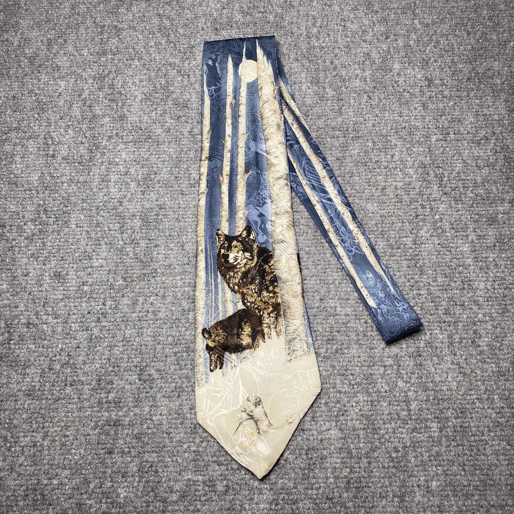 Endangered Species Tie Mens OS Blue Wolf Nature Wildlife Silk Forest Moon